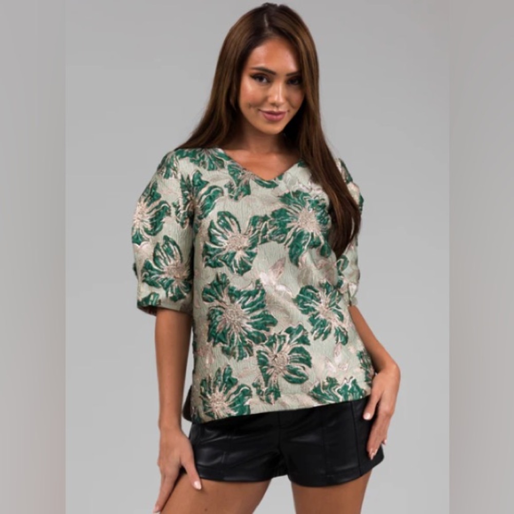 Mint Floral Print Metallic Jacquard V Neck Top